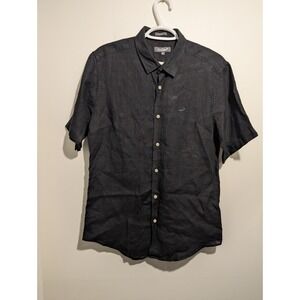 Crocodile Mens Black 100% Linen Slim Short Sleeve Button Up Shirt Size 16 Medium